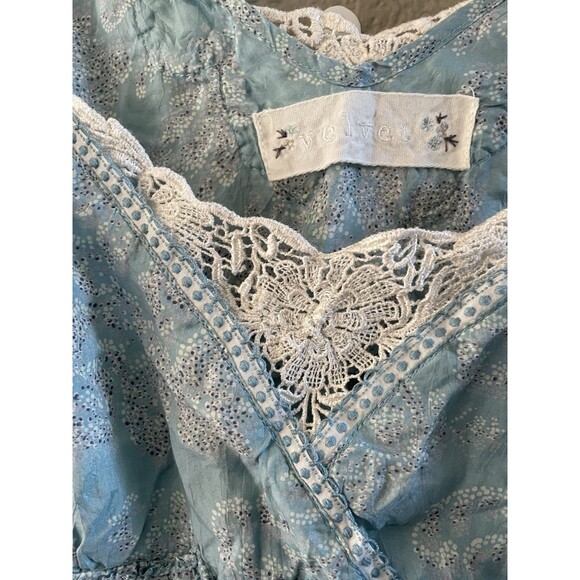 VELVET Mini Dress Womens Small Blue Silk Babydoll Crochet Boho Floral  Fairycore - Picture 3 of 10